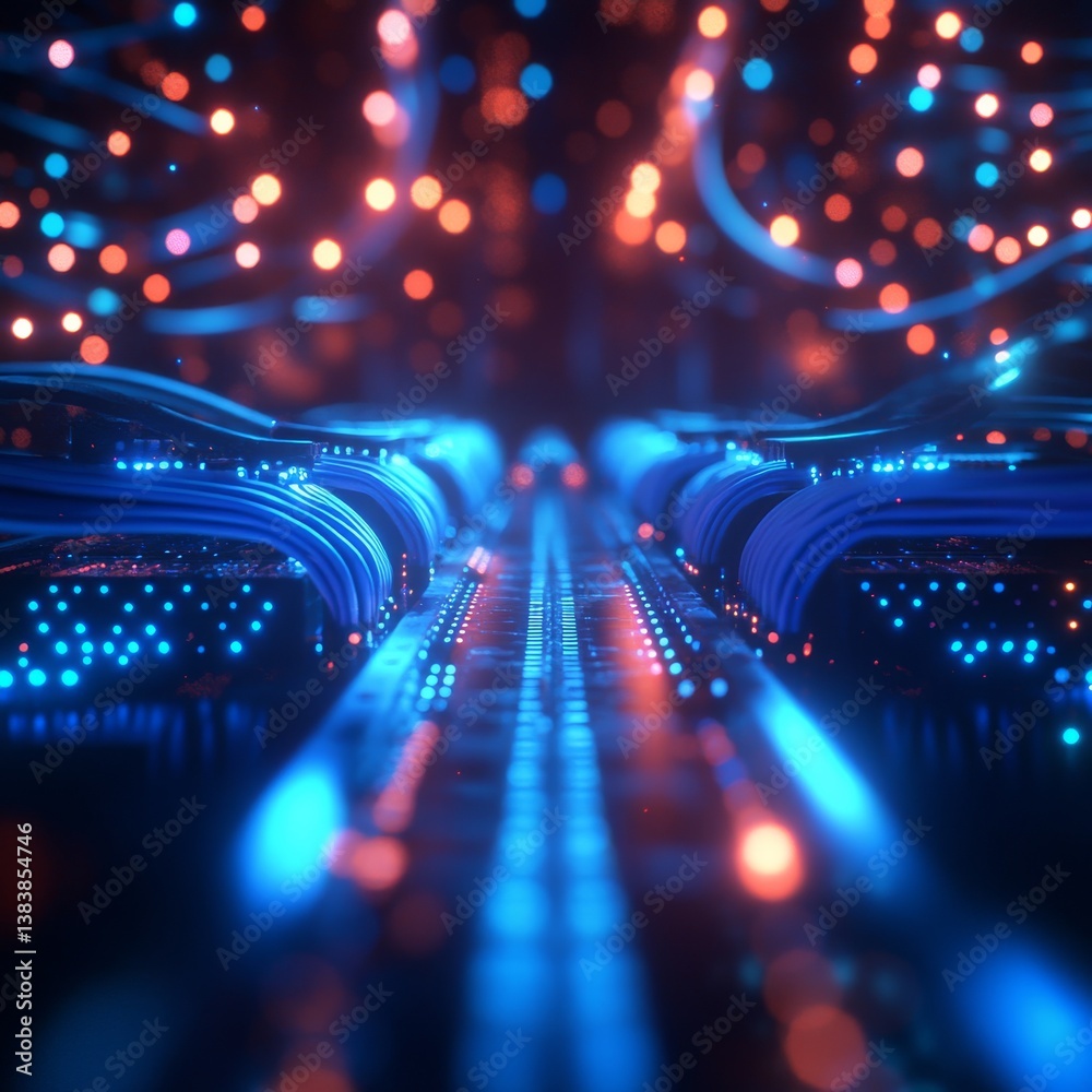 Poster Cyberpunk Data Stream: Blue Digital Pathways and Glowing Bokeh, Abstract Technological Network
