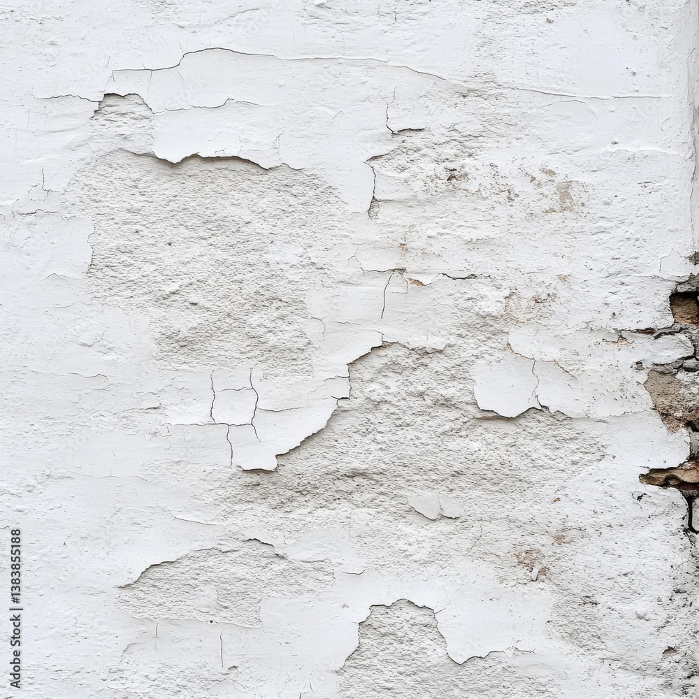 Aufkleber Distressed White Wall: A Texture of Time and Decay, Revealing Layers of Paint and Underlying Stone Structure with Cracks and Peeling.