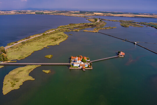 Aerial view od Agios Nikolaos Monastery on the Vistonida Lake at Porto Lagos, Greece