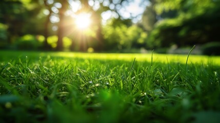 Naklejka premium Lush green grass in a sunlit park.