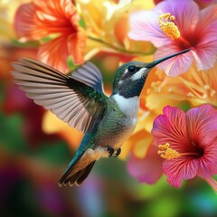Fototapeta premium Hummingbird's Hover: A vibrant hummingbird elegantly hovers amidst a kaleidoscope of colorful hibiscus flowers in full bloom.