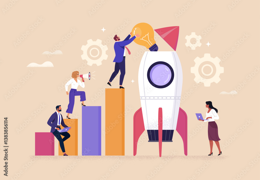 Poster business startup concept. vector cartoon illustration of a group of diverse people in business suits