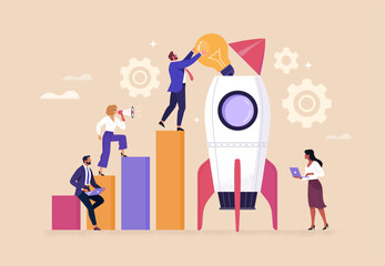 Business Startup Concept. Vector cartoon illustration of a group of diverse people in business suits assembling a rocket for launch. Isolated on background.