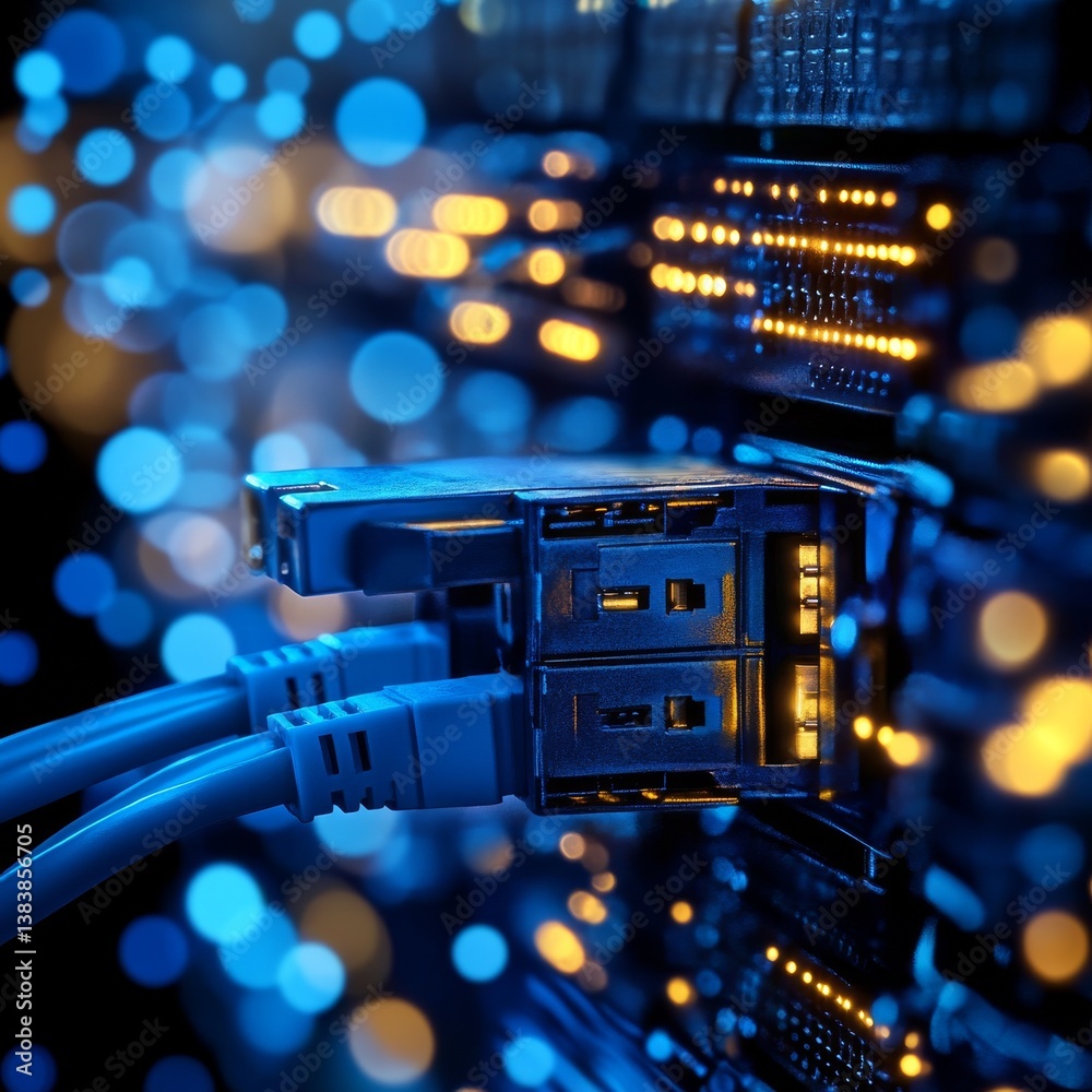 Aufkleber network server connection: closeup of cables plugged into a server rack with lit ports and bokeh lig