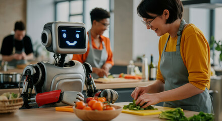 Asian female preparing vegetables with robot in modern kitchen