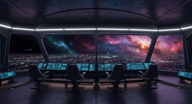 Futuristic Cityscape From Space Station Bridge - Breathtaking view of a futuristic city at night, seen from a spaceship bridge with vibrant nebulae in the background