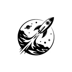 Black and White Rocket Launch Icon on Moon-Planet, Minimalist Design