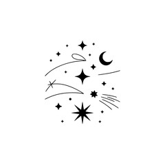 Celestial Line Art: Stars, Moon, & Space Elements on White Background