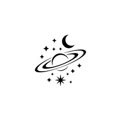 Minimalist Celestial Vector Illustration: Planet, Stars, & Moon