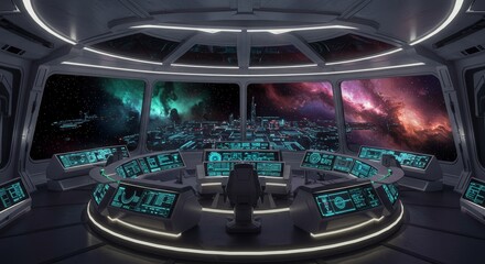 Obraz premium Futuristic Spaceship Bridge Command Center - Stunning view of a futuristic spaceship bridge, featuring advanced technology and a breathtaking view of a space cityscape and nebula