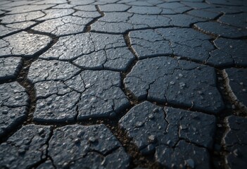Fototapeta premium Close-up of an old black asphalt road with rough texture, cracks, and embedded gravel. Detailed, weathered pavement perfect for backgrounds, textures, and urban designs
