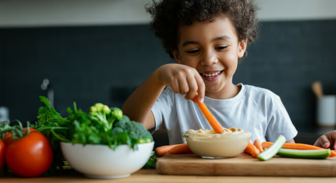 Young african child enjoying healthy snack with vegetables and hummus in kitchen
