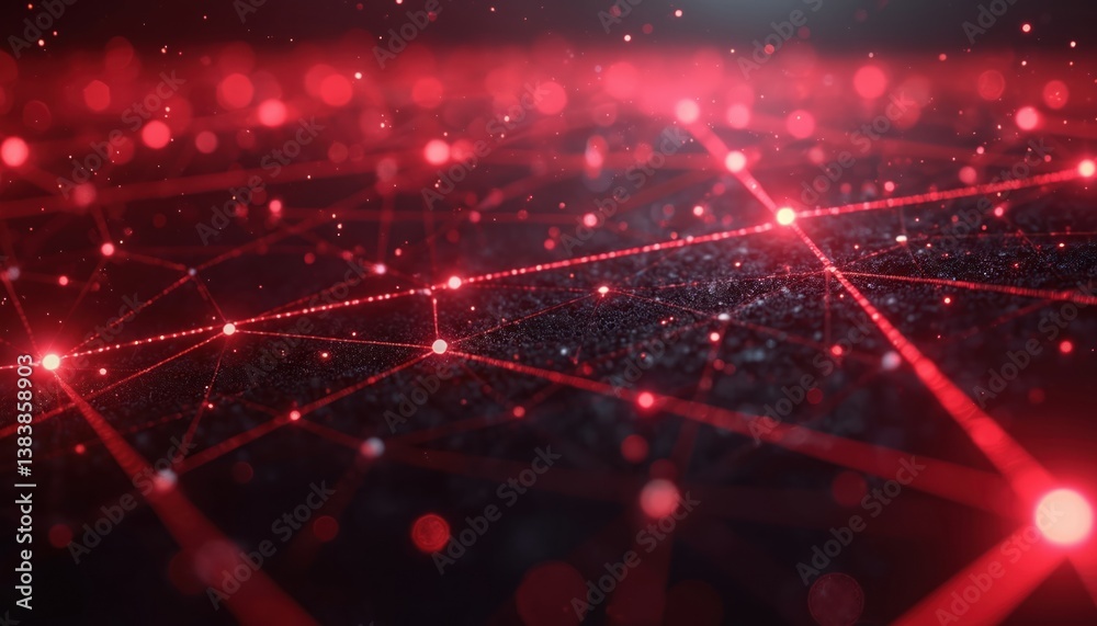 Aufkleber Abstract red glowing lines polygonal mesh background. Futuristic tech design network connection. Digital information transfer, data flow, communication, cybersecurity, blockchain, big data.