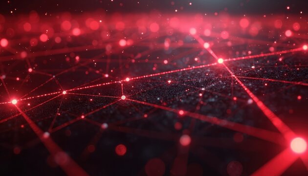 Abstract red glowing lines polygonal mesh background. Futuristic tech design network connection. Digital information transfer, data flow, communication, cybersecurity, blockchain, big data.