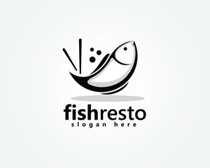Obraz premium reative sea food logo fish forming a bowl with two chopsticks on top, logo design inspiration