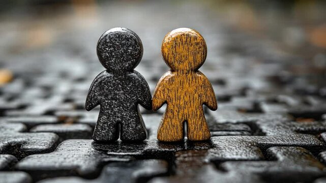 Embracing Unity: Two diverse figurines, clasped in a bond of unity, stand as a poignant symbol of friendship and acceptance. A testament to the beauty of connection, understanding, and solidarity.