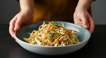 Asian coleslaw salad with carrots and sesame seeds being served by a young female