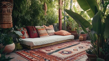Obraz premium A cozy outdoor daybed surrounded by lush greenery, inviting relaxation with its colorful pillows and patterned rug, creating a tranquil outdoor escape.