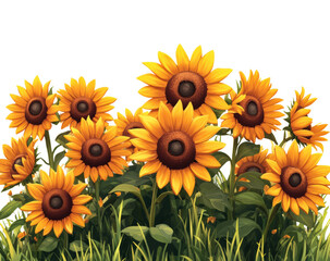 Fototapeta premium Blooming sunflowers in nature floral vibrant scene isolated on transparent background, png