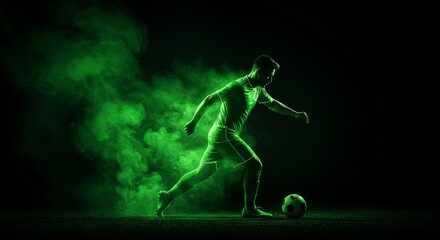 Green Smoke Soccer Player Silhouette - Futuristic soccer action, vibrant green smoke, dynamic pose, intense energy, athleticism