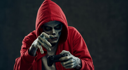 Zombie gamer in red hoodie focused on video game controller