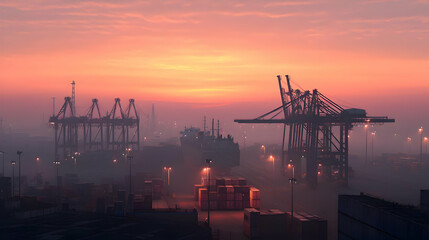 Obraz premium Sunrise Over Industrial Container Port