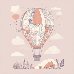 Scandinavian Boho Nursery Air Balloon playroom print in gender neutral colors. Sun and clouds. Vector illustration. Faboluo object isolated on pink.