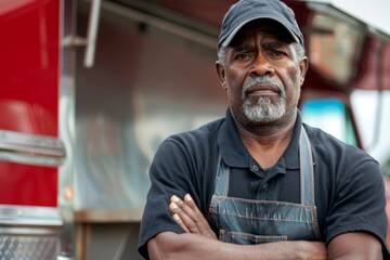 Fototapeta premium Portrait of a middle aged african american male food truck owner standing in front of his truck
