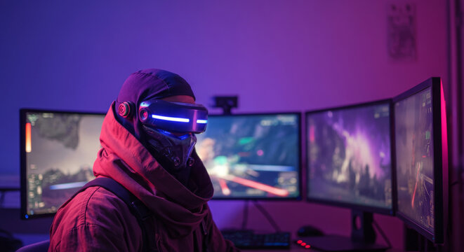 Futuristic gamer in led helmet with triple screen setup in neon room