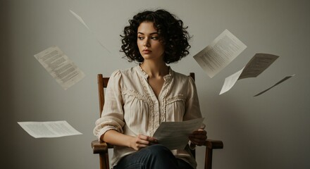 A woman with dark curly hair is sitting in a wooden chair, holding papers while others drift around her, suggesting a moment of contemplation or being overwhelmed by work. 