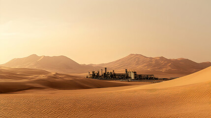 Desert Landscape With Industrial Plant At Golden Hour