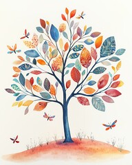 colorful tree A vibrant watercolor tree with colorful leaves and butterflies.