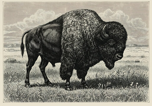 Vintage bison illustration american buffalo wildlife animal drawing