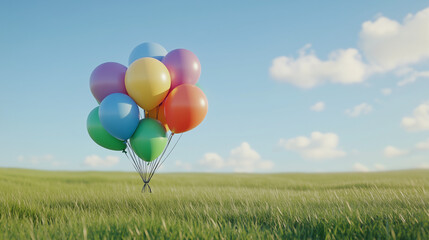 Colorful balloon bunch floating above grassy field under blue sky