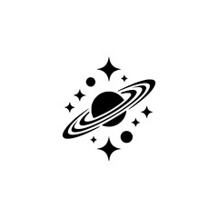 Black Saturn Planet with Stars Icon on White Background