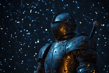 Fototapeta premium Knight stands under a starry sky, reflecting on a distant battle through his visor