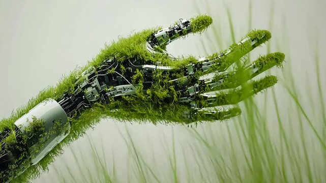 Grass-Covered Robotic Arm Symbolizes Eco Tech Innovations Generative AI