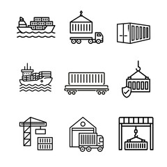 Freight Transport, Delivery container ship thin line icon set. Containing shipping storage, cargo crane,
