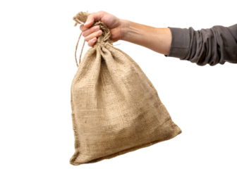 Hand holding bag sackcloth isolated on transparent background Generative Ai.
