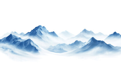 Mist-Covered Snowy Mountain Range in Blue Watercolor Style, Isolated on White Background