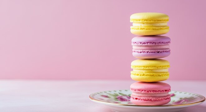 Colorful french macarons stack on floral plate against pink background