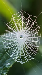 Dew-Kissed Spiderweb in Vibrant Green Nature