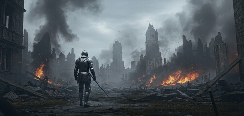Obraz premium Lone Knight in a Desolated City - A lone knight walks through the ruins of a city consumed by fire and smoke, a scene of post-apocalyptic desolation