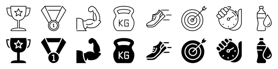 Fitness and Achievement Icon set. Silhouette style.