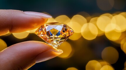 Sparkling Diamond Held Between Fingers with Dazzling Background