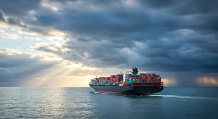 Majestic Container Ship Sailing Calm Blue Sea Dramatic Cloudscape - A large container ship navigates a calm blue sea under a dramatic cloudscape. Symbolizing global trade, transportation, logistics