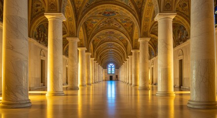 Majestic Hallway of Light and Shadow - A long, arched hallway with columns, bathed in warm and cool light. Symbolizing grandeur, serenity, history, knowledge, and reflection
