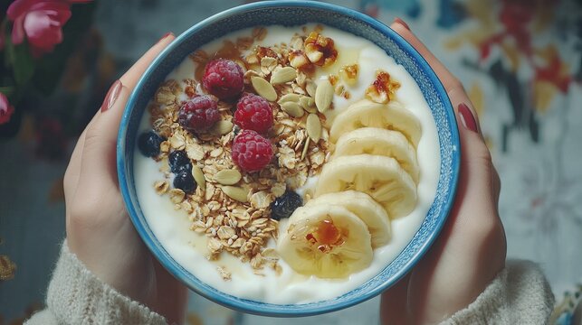 Hands holding a bowl of yogurt with granola banana raspberries and honey for a healthy breakfast