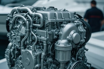Intricate Marine Engine Detail with Complex Components in Focus