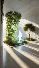 Digital Human Form in Tropical Indoor Garden with Futuristic Light